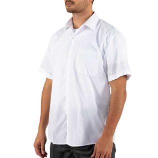 Camisas de manga curta com colarinho sem botões e bolso no peito do lado esquerdo