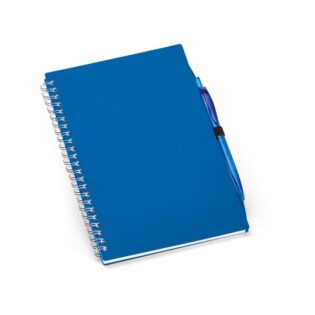 Bloco de notas espiral A5 com capa em PP semi-rígido, 140 páginas pautadas e suporte para esferográfica