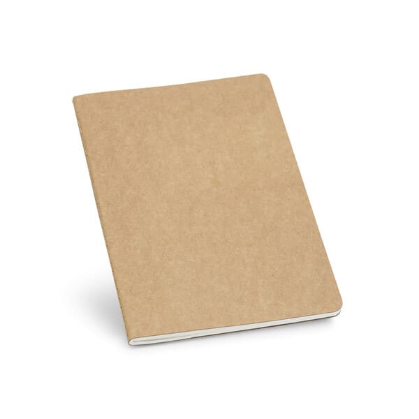 Bloco de notas A5 com 80 páginas pautadas de papel reciclado e capa em cartão com bolso interior