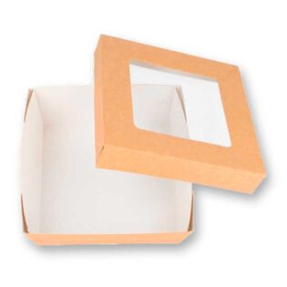 Caixas em cartolina kraft com tampa e janela de acetato ideais para takeaway