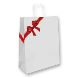Os sacos de papel com laço vermelho são ideais para embalar presentes de Natal