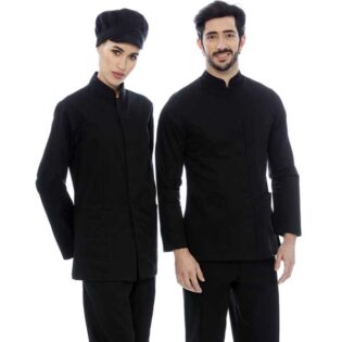 A túnica em sarja com gola chinesa é extremamente elegante, cheia de profissionalismo e confere conforto ao utilizador. Disponivel na cor preta.