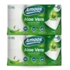 O papel higiénico Amoos tem 3 folhas com aloe vera e é vendido em embalagens com 42 rolos