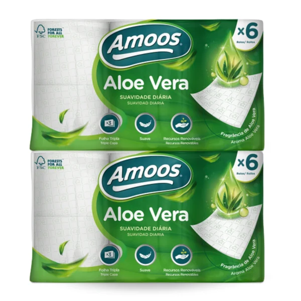 O papel higiénico Amoos tem 3 folhas com aloe vera e é vendido em embalagens com 42 rolos