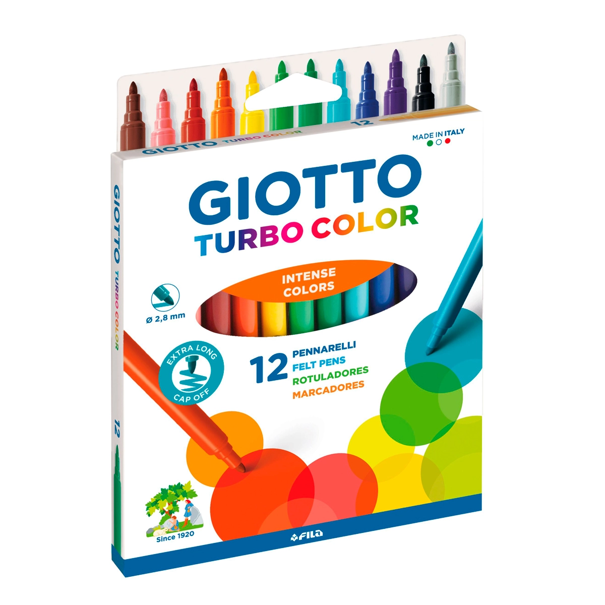 Conjunto com 12 marcadores coloridos Giotto, ponta fina e tinta lavável.