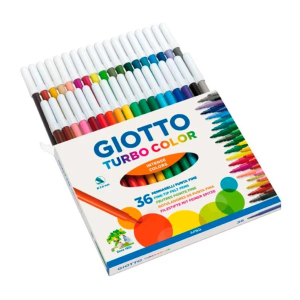 Conjunto com 36 marcadores coloridos Giotto, ponta fina e tinta lavável.