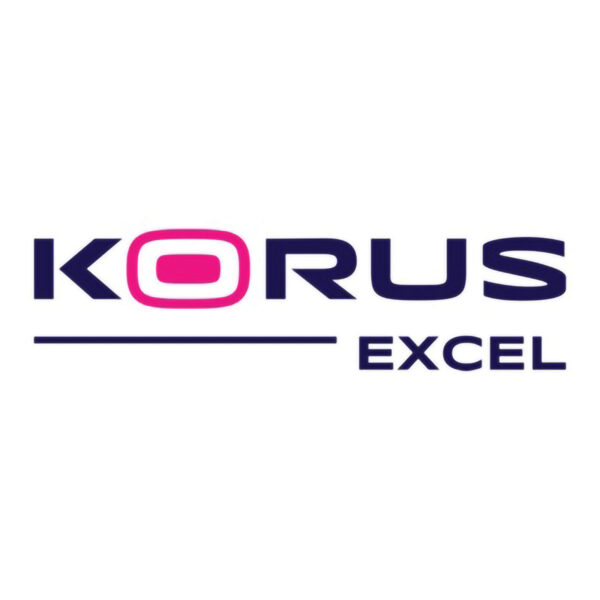 Logo marca Korus gama Excel em tons de azul marinho e magenta.