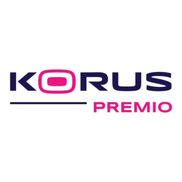 Logo marca Korus gama Premio em tons de azul marinho e magenta.