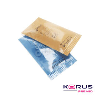 2 Sacos zip anticorrosivos Korus Premio, com peças metálicas no interior, azul e laranja.