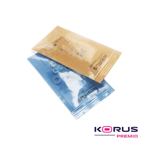 2 Sacos zip anticorrosivos Korus Premio, com peças metálicas no interior, azul e laranja.
