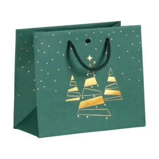 Saco verde e dourado com arvores de natal