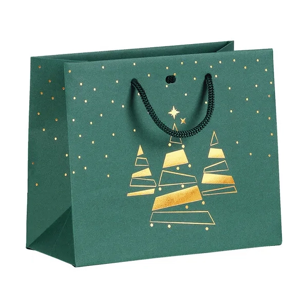 Saco verde e dourado com arvores de natal