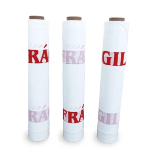 3 rolos de filme estirável personalizados personalizado com a palavra "frágil" a vermelho.