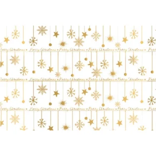 Papel de embrulho de natal branco e dourado com flocos de neve e estrelas