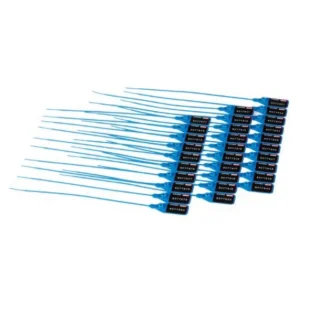 Vista geral de 3 conjuntos de 10 selos de segurança azuis, sobrepostos.