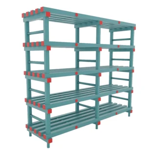 Estante verde com detalhes vermelhos de 150x50x177cm com 5 prateleiras. Em fundo branco.