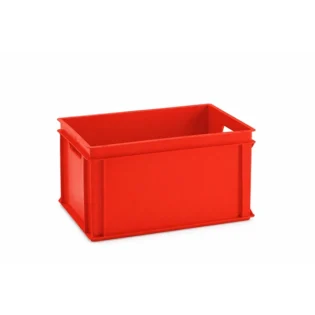 Caixa norma euro em plástico rígido de cor vermelha, sobre fundo branco.