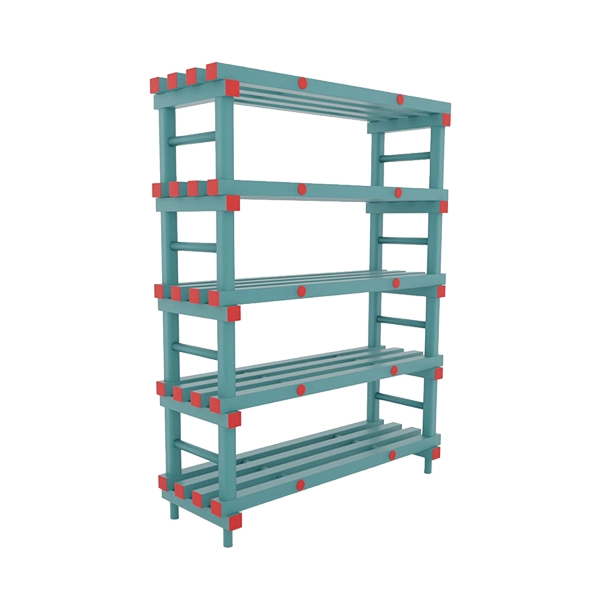Estante verde com detalhes vermelhos de 100x40x177cm com 5 prateleiras. Em fundo branco.
