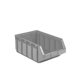 Caixa de armazenamento empilhável, de polietileno, em cinzento. Na diagonal, em fundo branco.