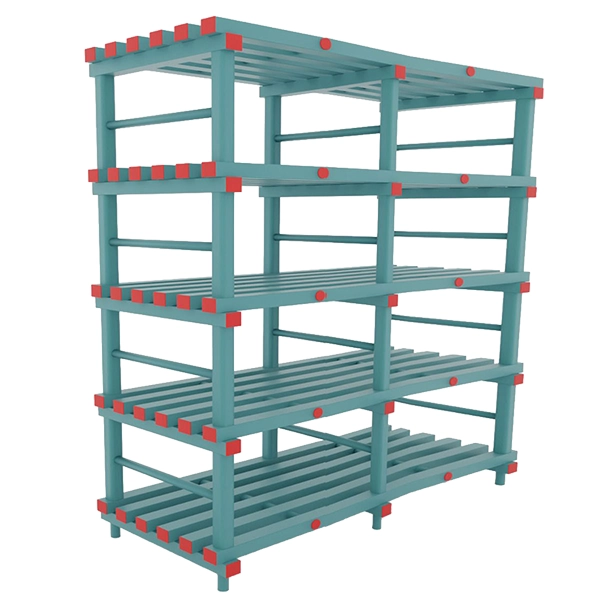 Estante verde com detalhes vermelhos de 200x60x177cm com 5 prateleiras. Em fundo branco.