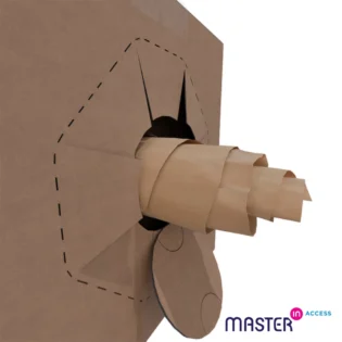 Caixa com furo na lateral ampliada a dispensar papel de enchimento Master'In Acess