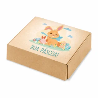 Caixa de cartão com "Boa Páscoa!", coelho e ovos, em fundo branco. na diagonal