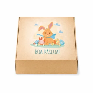 Caixa de cartão com "Boa Páscoa!", coelho e ovos, em fundo branco visao frontal.