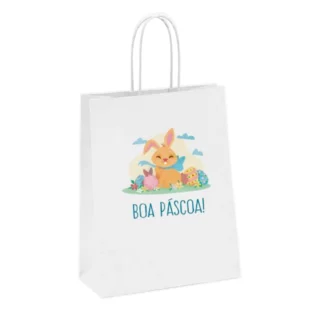 Saco de papel branco com "Boa Páscoa!", coelho e ovos, em fundo branco.