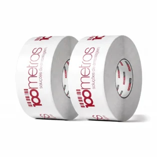 2 rolos de fita adesiva solvente personalizada com o logo da 100 metros, na vertical lado a lado.